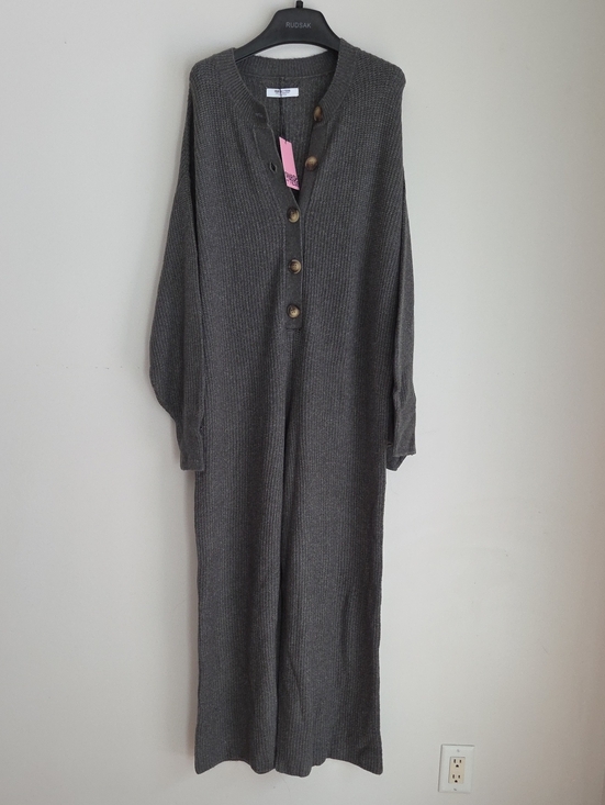 Smash + Tess Pants - Smash + Tess Charcoal Gray Ribbed Button-Front Jumpsuit
